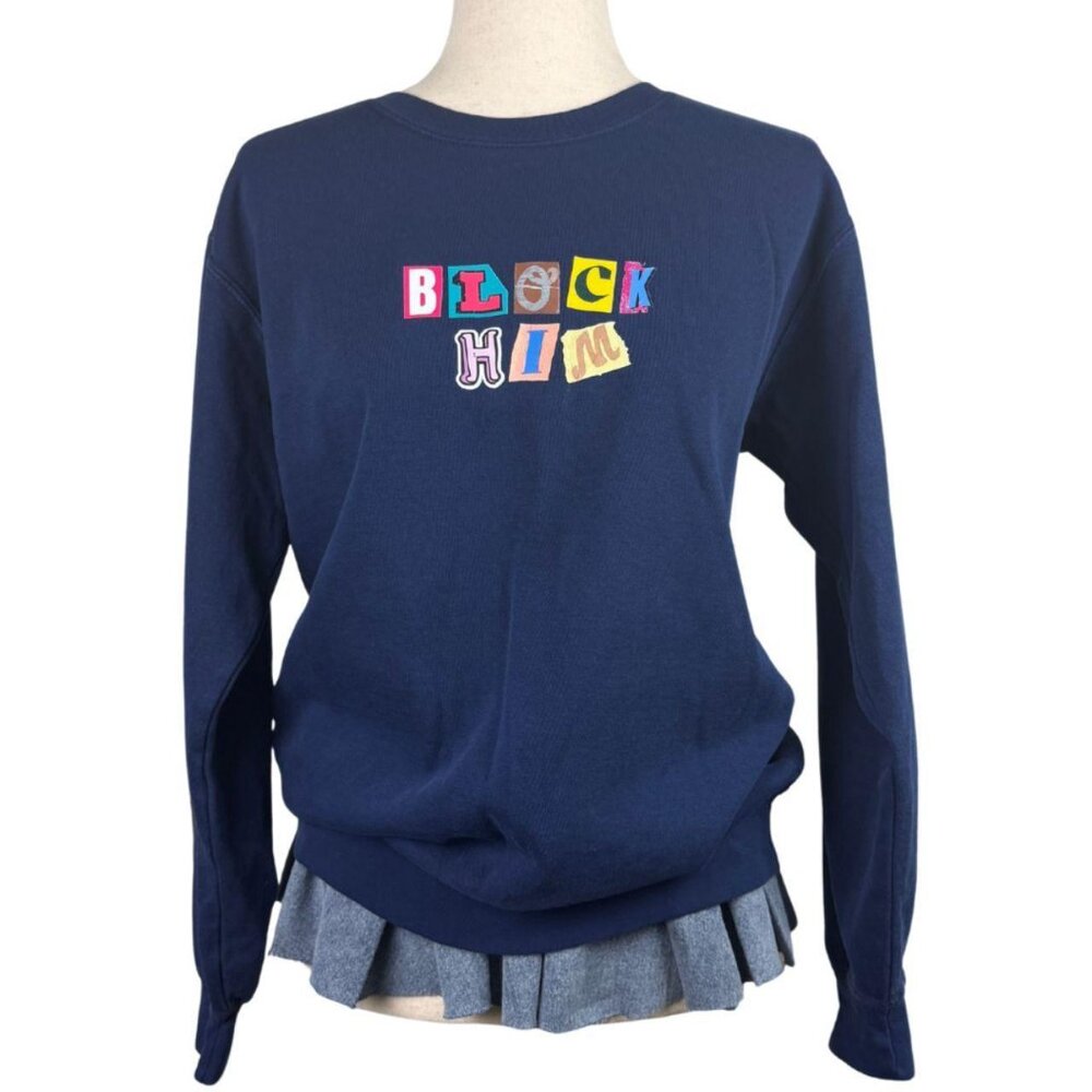 Comfort Colors “Block Him” Navy Graphic Sweatshirt Women’s Medium